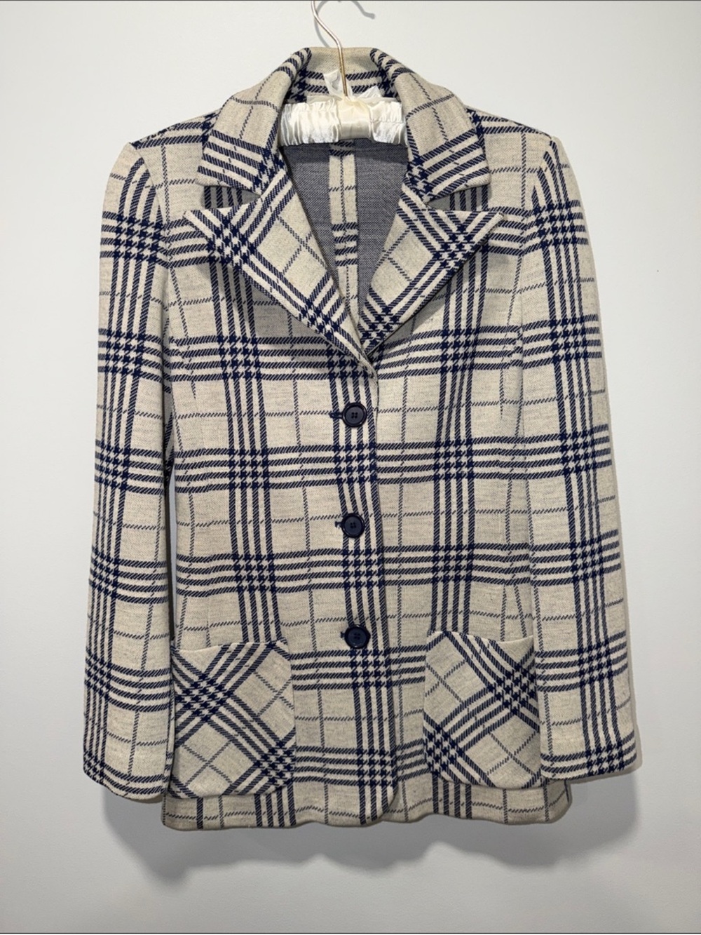 KIMBERLY M Vintage Ivory Navy Houndstooth Plaid Knit Wool Jacket Blazer